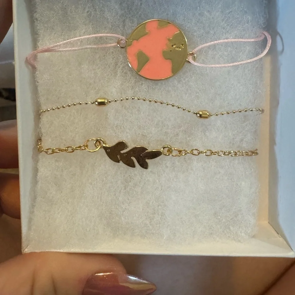 New Gold and Pink Leaf & World Bracelet Set in box